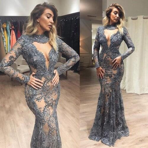 2019 New Long Sleeve Mermaid Evening Dresses Jewel Neck Lace Appliqued Beads Celebrity Prom Dress Custom Special Occasion Gowns