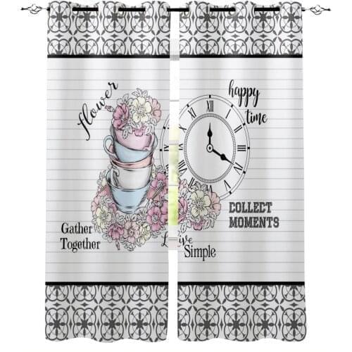 Tile Texture Flower Clock Coffee Cup Window Curtain Home Decor Curtains for Living Room Bedroom Kitchen Curtain Panel