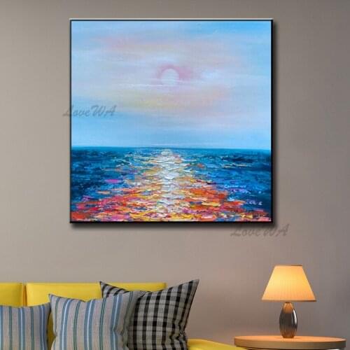 Hand Painted Textured Thick Seascape Sunset Art Oil Painting Wall Canvas Art Scenery Paintings Art For Home Living Room Decor