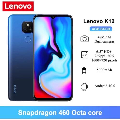 Lenovo K12 Mobile Phones 6.5'' HD+ 4GB RAM 64GB ROM Snapdragon 460 Octa Core 8MP Front Camera 5000mAh Android 10 Cell Phones