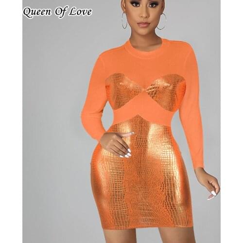 Sexy Long Sleeve Patchwork Mesh Bodycon Mini Dress 2021 Autumn Fashion Streetwear Shiny See Through Club Party Dresses Outfit