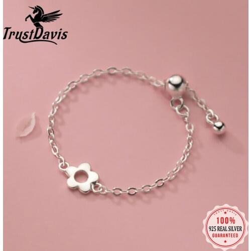 TrustDavis Real 925 Sterling Silver Fashion Sweet Flower Chiain Opening Ring For Women Wedding Party Fine S925 Jewelry DB137