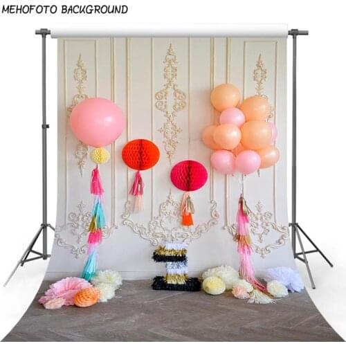 Photography Backdrop Vinyl Newborn 1st Birthday Background for Photo Studio White Damask Wall Pink Balloons Cake for Princess