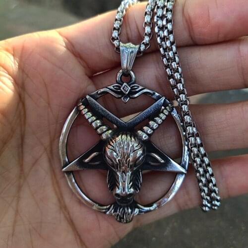 Vintage Baphomet Satan Necklace Pendant Stainless Steel Pentagram Goat Head Necklace For Men Women Fashion Pagan Jewelry Gift