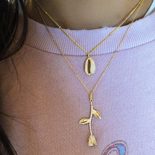 Vintage Gold Color Cross Rose Flower Pendant Necklaces for Women Girl Floral Layered Necklace Bohemia Jewelry