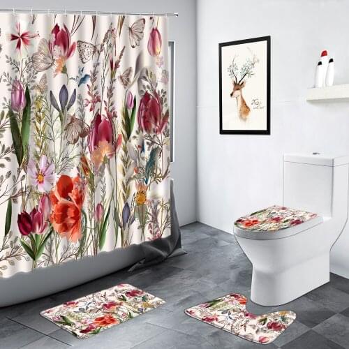 Plant Floral Shower Curtain Butterfly Tulip Hand Painted Art Flowers Scenery Bathroom Decor Non-slip Rug Toilet Lid Bath Mat Set