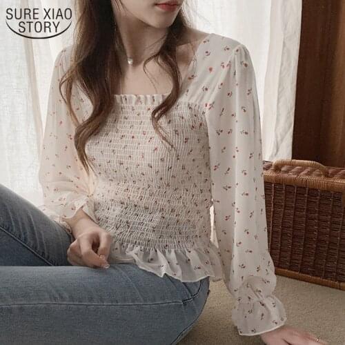 2021 New Sweet Long Sleeve Fashion Women Blouses Printed Floral Square Collar Shirts for Woman Korean Ruffled Blouses 10311