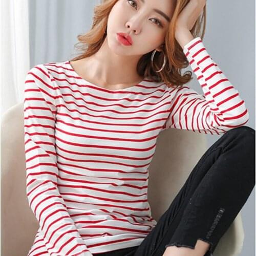 Oversized Cotton Striped Printed T-shirts For Women Long Sleeve O-neck Slim Autumn Tops Tees Female Casual Base Shirts T025