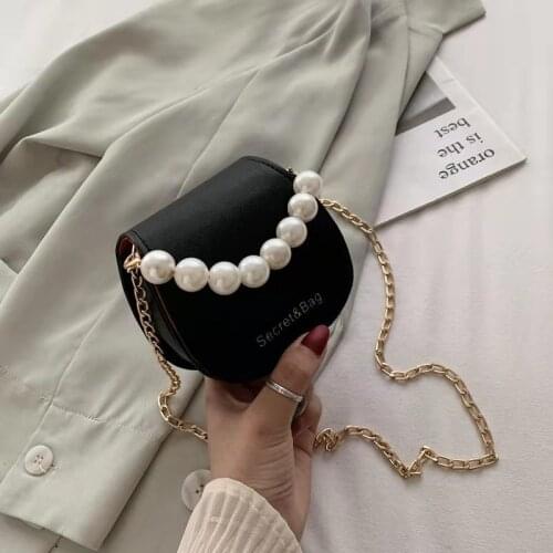 Mini Saddle Shoulder Bags For Women Solid Color Pearl Decoration Chain 2021 New Designer All-Match PU Black Cross-Body Bags