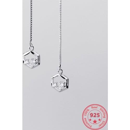 Fashion Korean Style S925 Sterling Silver Ear Line Female Simple Temperament Hexagon Micro Diamond Ear Jewelry Earring Gift