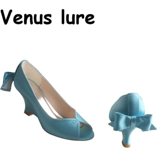 23 Colors Light Blue Wedding Shoes for Women Peep Toe Wedge Heel Bow Pumps