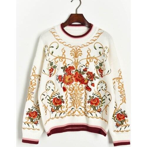 2020 autumn winter women luxury runway floral embroidery o-neck sweaters vintage loose plus size knitted pullover sweater JC355