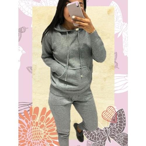 TYHRU Womens Knitted Tracksuit Autumn Winter Hooded Solid Color Large Pocket Knit Two-piece Suit