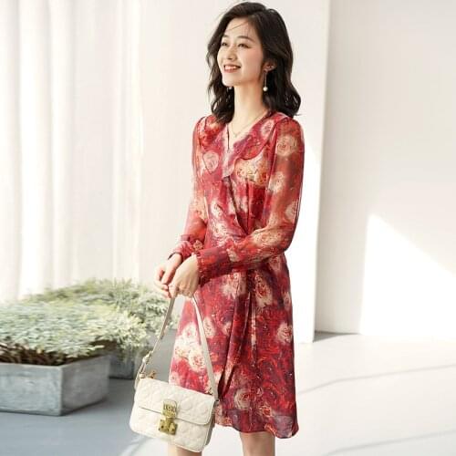 100% Silk Dress Women Casual Style Vintage Printed Ruffles V-Neck Long Sleeve Spring Tea Dress New Fashion