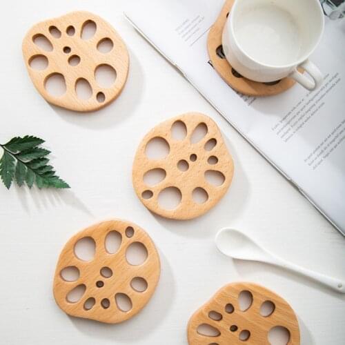 Household Tableware Beachwood Solid Lotus Root Shape Placemat Heat-resistant Tea Coffee Cup Mug Table Mat Drink Costers