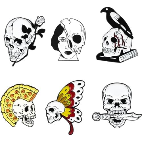 Gothic Skeleton Brooch Pizza Rose Butterfly Skull Knife Book Raven Bloody Skeleton Woman Enamel Leather Badge Pin Halloween Gift