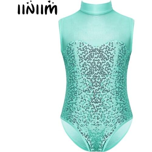 Kids Girls Gymnastics Ballet Leotard Bodysuit Sparkly Sequin Mock Neck Ballerina Tulle Splice Keyhole Back Ballet Dance Jumpsuit