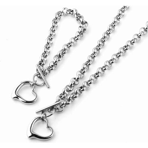 Charm Heart Pendants Necklaces Bracelets Set Jewelry Stainless Steel Choker O Chains Jewlery Gifts