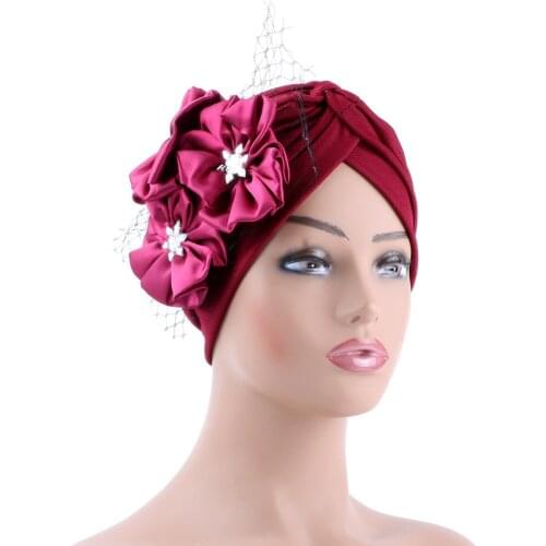 Lastest Feather Flower Turban Bonnet For Women Muslim Headscarf Caps Wedding Party Headwear Turbante Mujer African Headtie