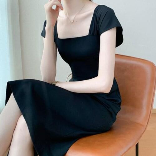 High waist slim black French dress female 2021 summer new puff sleeve little black dress chinese fashion Casual Straight