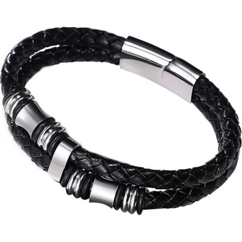 Mens Leather Bracelet Fashion Titanium Steel Black Color Bangle Bracelet for Cool Boy Charms Handmade Jewelry Gift