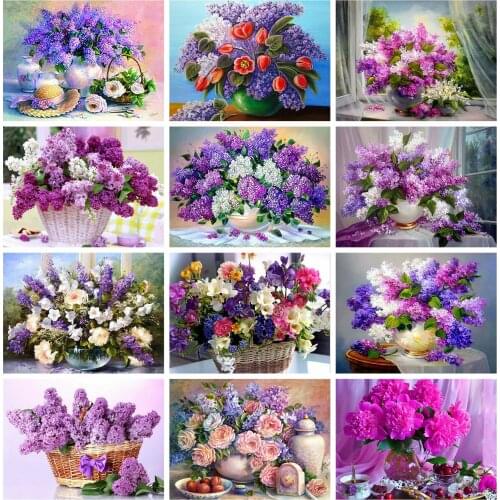 Huacan 5d DIY Diamond Embroidery Beads Sets Lilac Flower Diamond Painting Mosaic Full Square Vase Picture Of Rhinestones