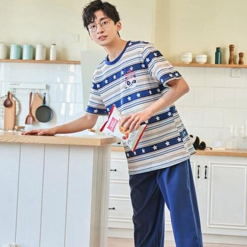 New 2021 Summer Men Pajamas Set Fashion Blue Stripe Short Sleeve Cartoon Sleepwear Casual Cotton Trousers Plus Size Men Homewear