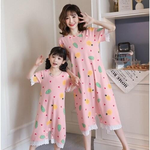 Cotton Girls Nightdress Korean Summer Mommy and Me Clothes Sweet Family Matching Pajamas Youth Daughter Siamese Skirt Nightwear