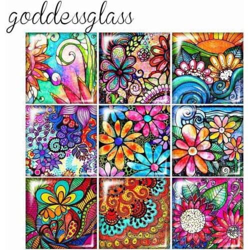 New Colorful Flowers Leaves Patterns Square 10pcs mixed 12mm/20mm/25mm/30mm photo glass cabochon demo flat back Making findings