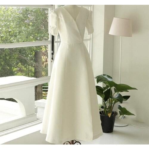 Satin Simple A-Line V Neck Vintage Lantern Sleeve Ankle Length Wedding Gown Wedding Dress Bride robe
