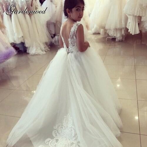 Gardenwed Ivory A Line Tulle Scoop Flower Girl Dresses Baby Lace Appliques Mermaid Celebrity Dress Backless Elegant Prom Dress