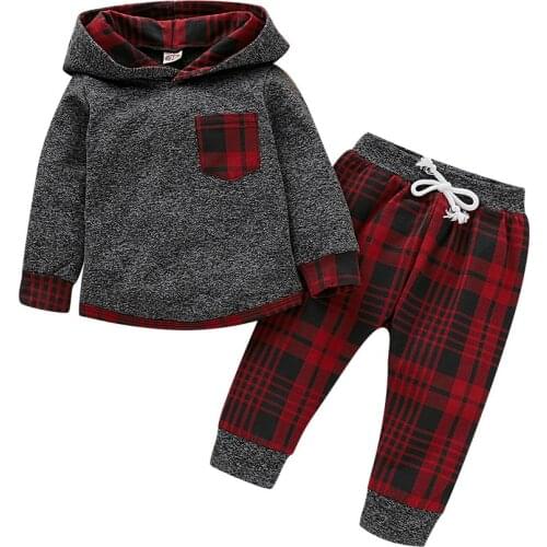 Toddler Infant Baby Boys casual clothes for kids Long Sleeve Plaid Pocket Hoodie Tops Sweatshirt plaid pants set Outfits D20