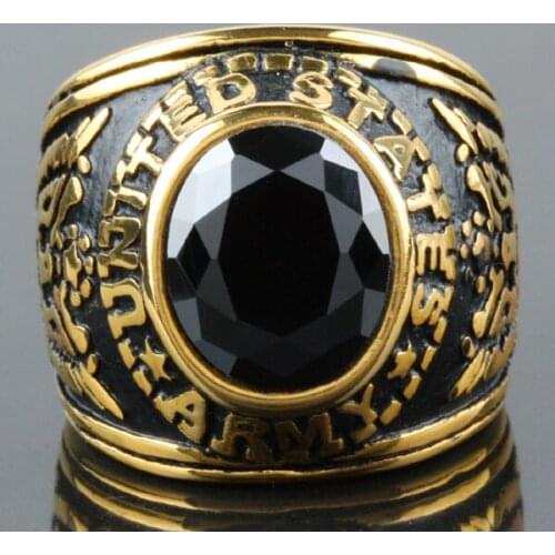 Luxury Punk Style Black Crystal Glass Gold Color Stainless Steel Rings US ARMY Rings Men Jewelry Fashion Gift
