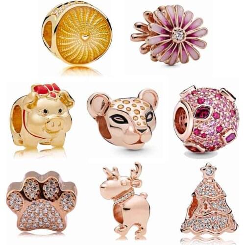 Rose Twinkling Christmas Tree Daisy Flower Red Enamel Eyes And Nose 925 Sterling Silver Beads Fit Europe Bracelet DIY Jewelry