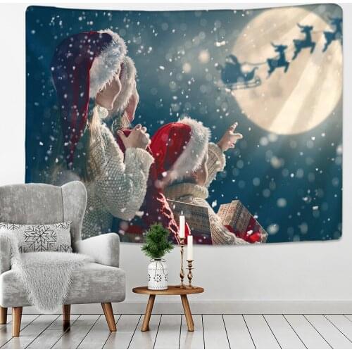 Xmas Art Wall Hanging Tapestry Santa Claus And Snow Christmas Deer Backdrop Home Room Decoration Gift