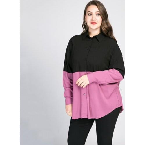 Contrast Color Stitching Loose Shirts Female 2XL To 8XL Plus Size Blouses Long Sleeve Single Breasted Blusas Mujer T2198