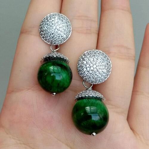 YYGEM White Cz pave Round Green Tiger Eye Coin Stud Earrings For Women Classic Simple Rhinestone Earring Wedding Luxury