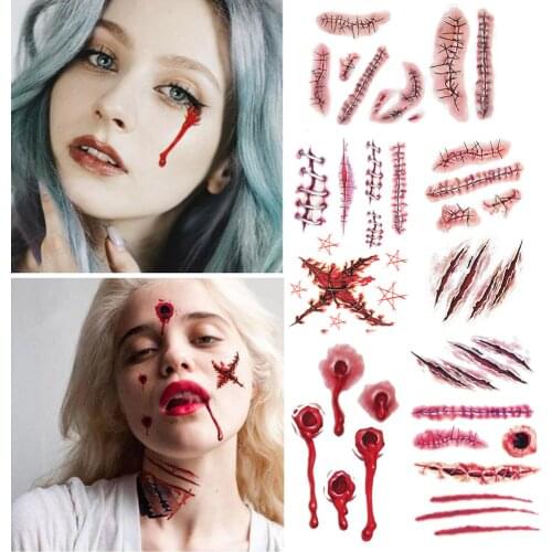 2Pcs Halloween Zombie Scars Tattoos With Fake Scab Bloody Makeup Halloween Decoration Wound Scary Blood Injury Sticker