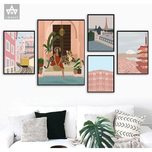 Nordic Vintage Travel Cities Poster Mount Fuji Lisbon Tram Paris Landscape Art Leopard With Woman Canvas Painting Wall Pictures