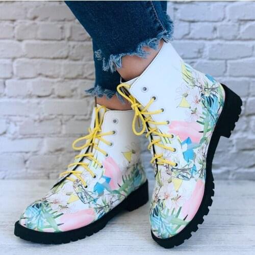 Womens Print Flower Ankle Boots Ladies Lace Up Platform Shoes Female PU Leather Round Toe Low Heels Female Comfortable Footwear