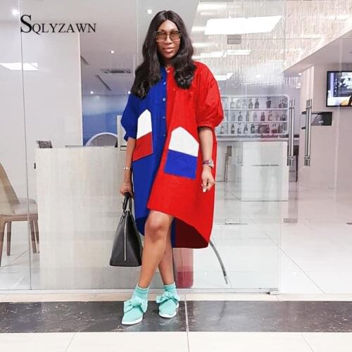 Red Blue Color Block Patchwork Womens Trench Coats V-neck Half Sleeve Loose Female Single-breasted Windbreaker 2019 Autumn New