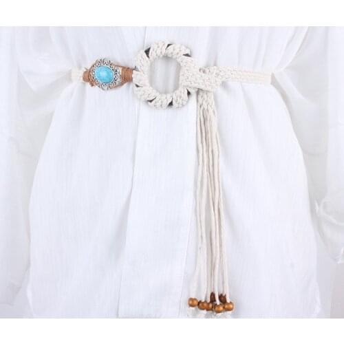 Vintage Rhinestone Woven Braided Round Buckle Women Belt For Dress Accessories Female Tassels Rope Waistband Thin Waist Chain