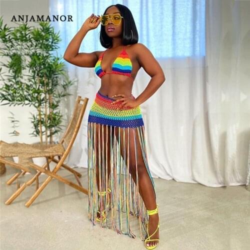 ANJAMANOR Rainbow Crochet Tassel Sexy 2 Piece Set Crop Top and Skirt Beach Party Club Birthday Outfits for Women D48-DF18