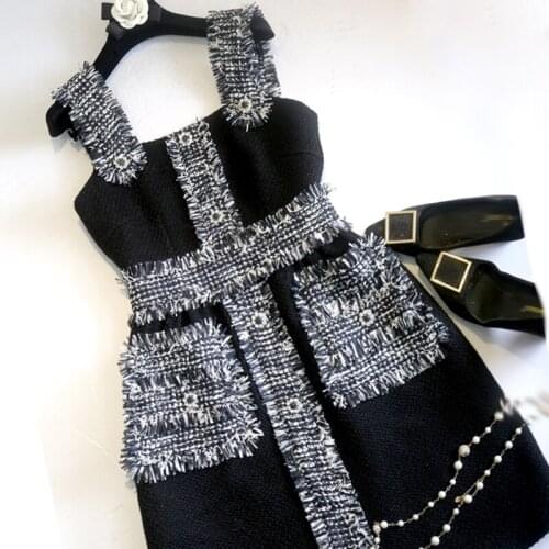 2020 autumn winter women spaghetti strap diamonds buttons tassel tweed mini dresses girls sexy patchwork weave dress y752