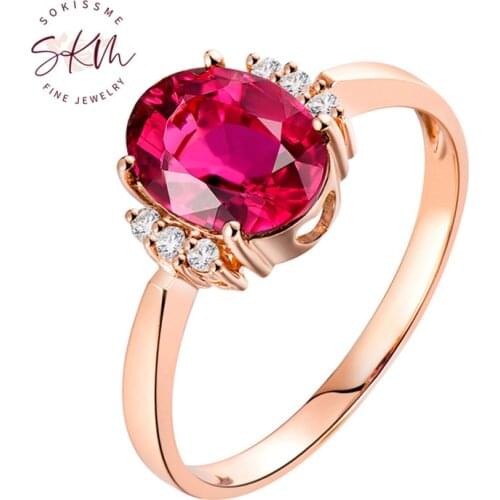 SKM Rings For Women Vintage 14K 18K Rose Gold Natural Diamond Pink Tourmaline Ring Genuine Gemstone Ring