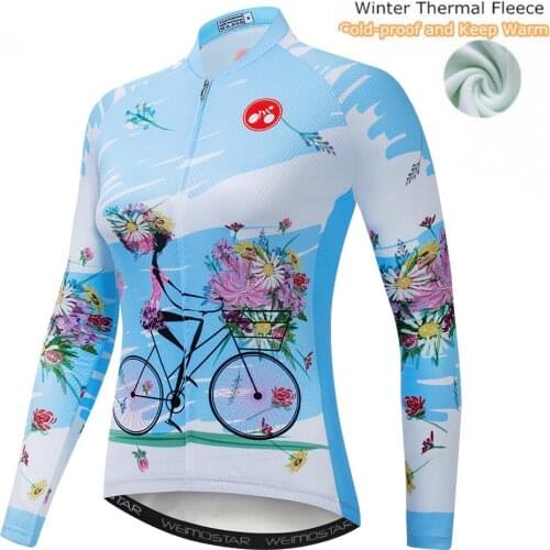Winter Thermal Fleece Women Long Sleeve Cycling Jersey Clothing Bicycle Outdoor Mountain Road Uniform Bike Triathlon Blue