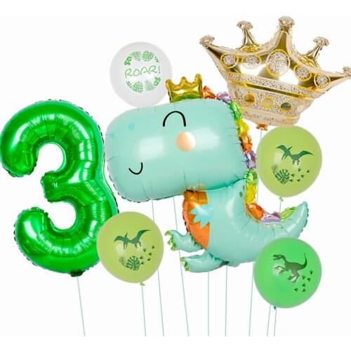 1set Crown Green Dinosaur Foil Balloon Anniversary Happy Birthday Party Decorations Baby Shower Inflated Balloons Toy Balls