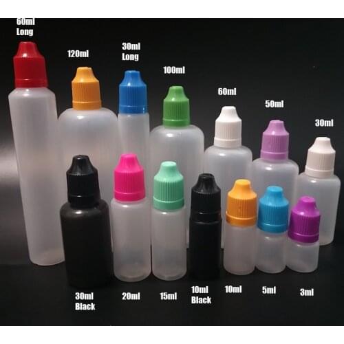 100pcs 3ml 5ml 10ml 15ml 20ml 30ml 50ml 60ml 100ml 120ml PE Plastic Dropper Bottle Empty E Liquid Bottle with Childproof Cap