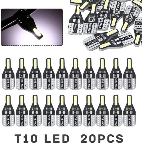 20pcs 12V T10 194 168 Car White 7020 SMD LED License Plate Light ERROR FREE Interior Glove Box Reading Lamp Bulbs Accessories