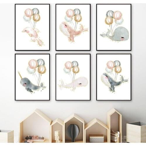 Watercolor Dolphin Whale Color Balloons Baby Wall Art Canvas Painting Nordic Posters And Prints Wall Pictures Kids Room Decor